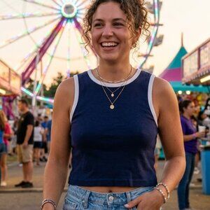 Urban Outfitters Cropped Navy Blue White Tipped Cropped Tank Top Small Cotton